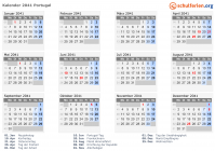 Kalender 2041 mit Ferien und Feiertagen Portugal