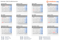 Kalender 2042 mit Ferien und Feiertagen Großbritannien