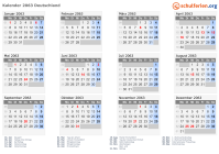 Kalender 2063 mit Ferien und Feiertagen Deutschland